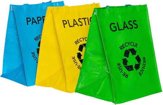 Set of 3 Large Multicoloured Heavy Duty Reusable Recycle Bags 53L with Handles and Secure Attachments - Separate Your Household Waste and Recycling Bags for Glass Paper and Plastic