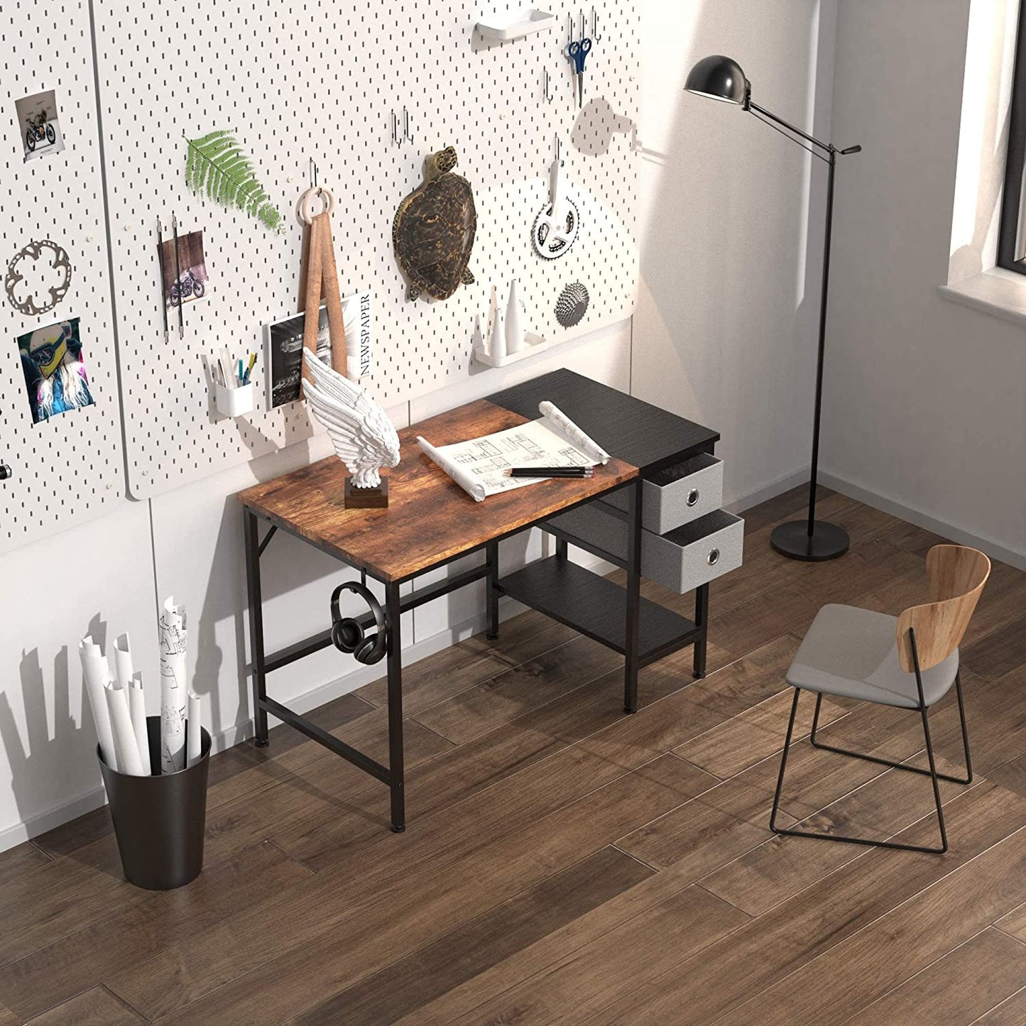 Computer Desk, Office Work Desk for Student and Worker, Writing Desk with Drawer and Headphone Hook, Laptop Table with Shelves, Modern Style Desks for Bedroom, Home, Office(100X50X75Cm)