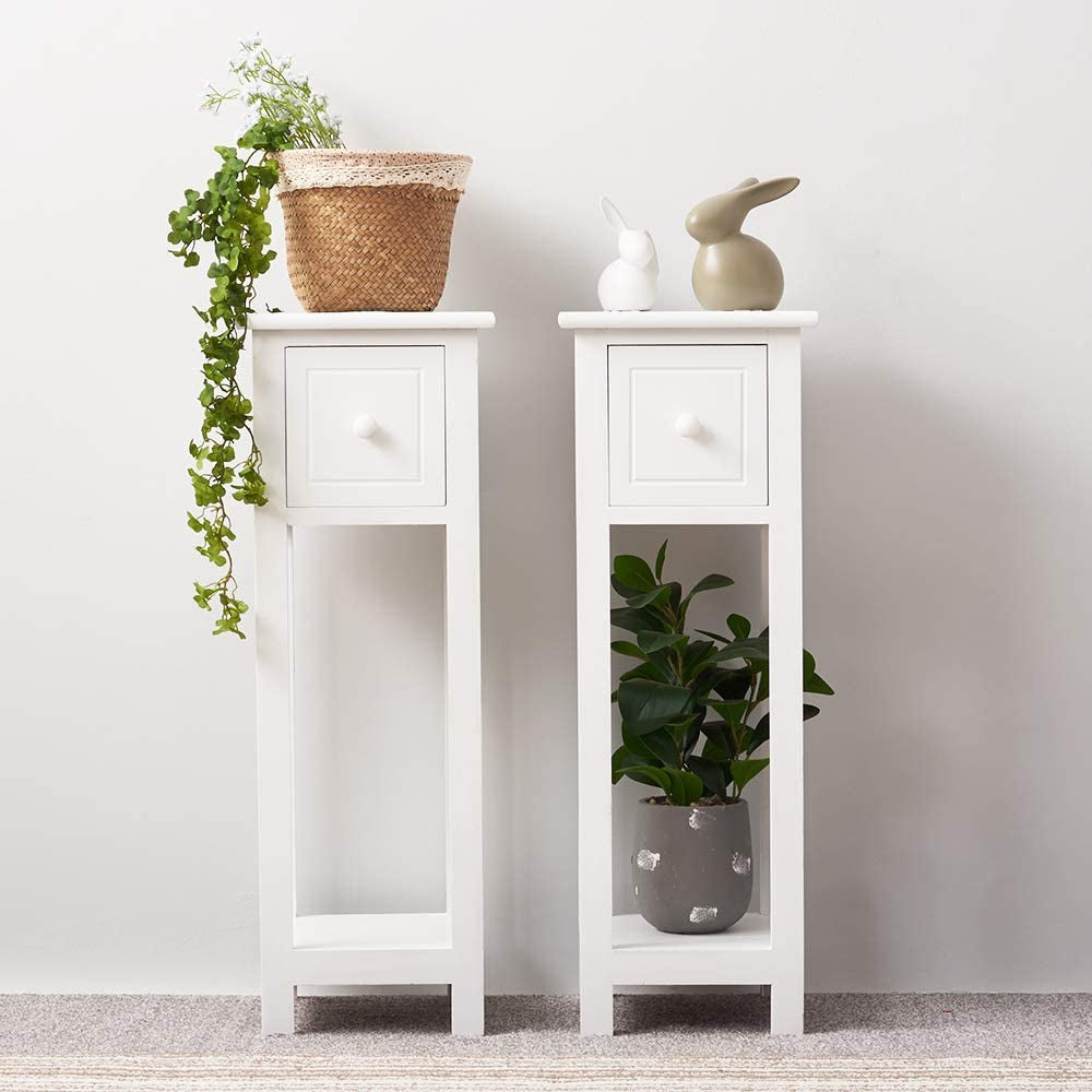 Pair of Bedside Table Storage Cabinet with 1 Drawer White Wooden Furniture Shelf Side Table Slim Tall Telephone Table Chest of Drawers Fully Assembled for Bedroom Living Room Hallway