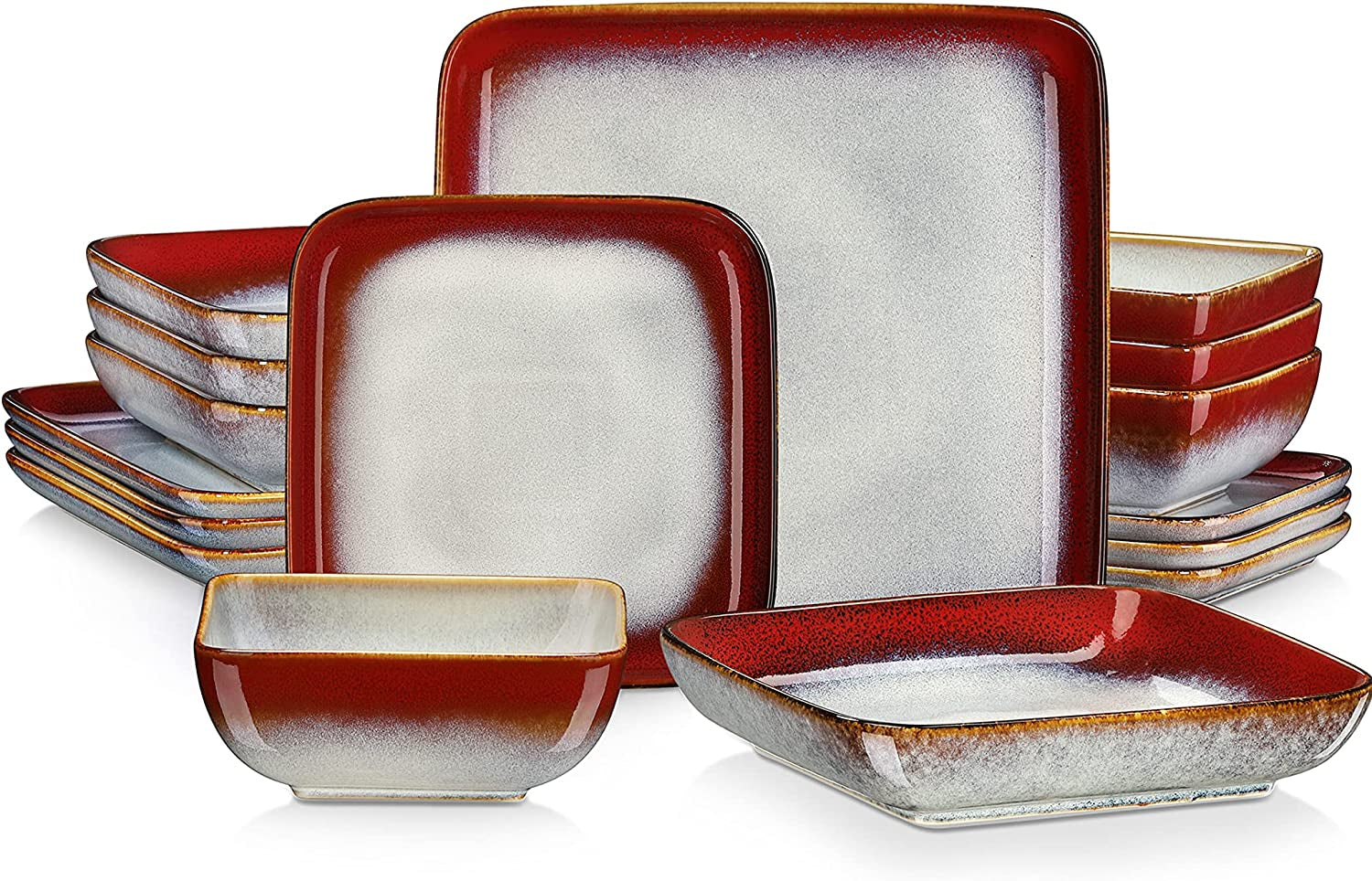 Dinner Sets, Square Reactive Glaze Crockery Set, 16-Piece Ceramic Plates and Bowls Set with Dinner Plate, Dessert Plate, Bowl and Soup Plate. Vintage Red Look, Service for 4