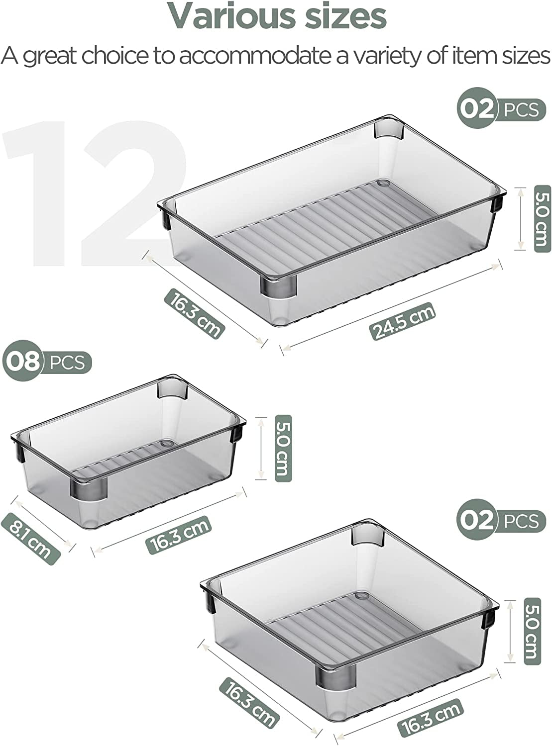 Set of 12 Desk Drawer Organiser Trays with 3-Size Clear Plastic Storage Boxes Divider Make-Up Organiser for Kitchen Bedroom Office (Grey)
