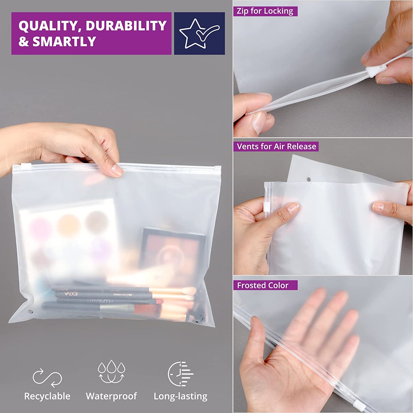 Ziplock Bags –16 PCS Frosted Hospital Bag Maternity Essentials with Vents in 4 Multiple Sizes -Resalable Storage Bags for Clothes, Travel Essentials, Toiletries, Crafts Supplies