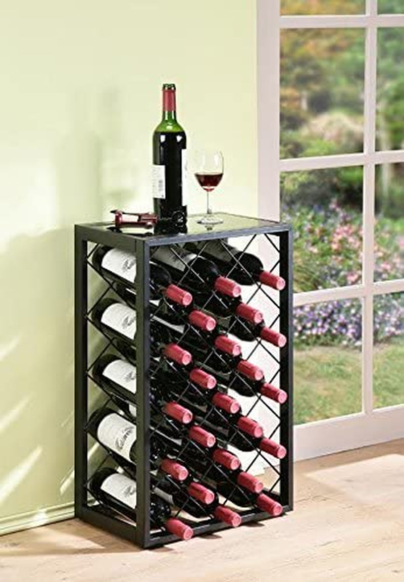 23 Bottle Wine Rack with Glass Table Top, Black