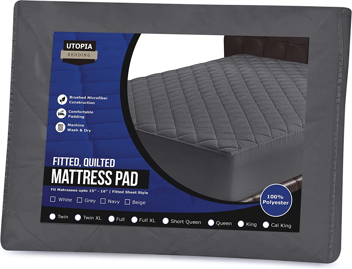 Quilted Fitted Mattress Pad - Mattress Cover - Mattress Topper - Mattress Protector Stretches up to 38 CM Deep - Not Waterproof - (Small Double, 122X190 Cm, Grey)