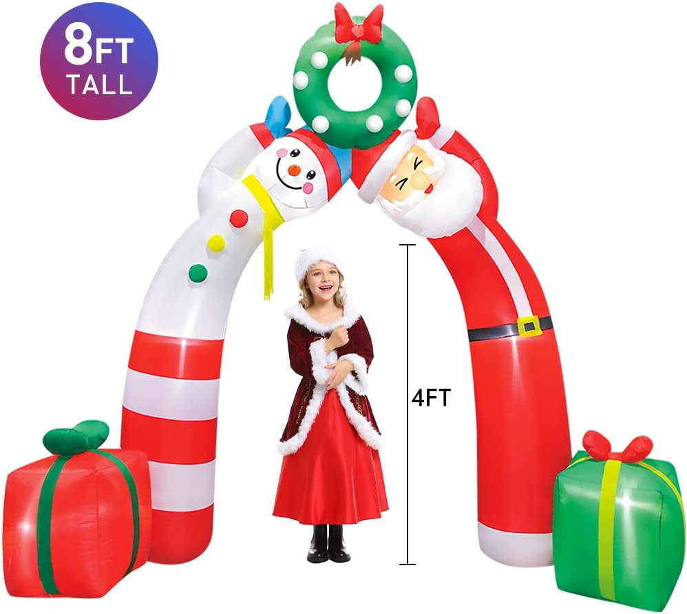 8 FT Christmas Inflatable Decoration Arch with Santa and Snowman, LED Lights Holiday Blow up Yard Decoration, Xmas Party Indoor Outdoor Garden Yard Lawn Winter Decor
