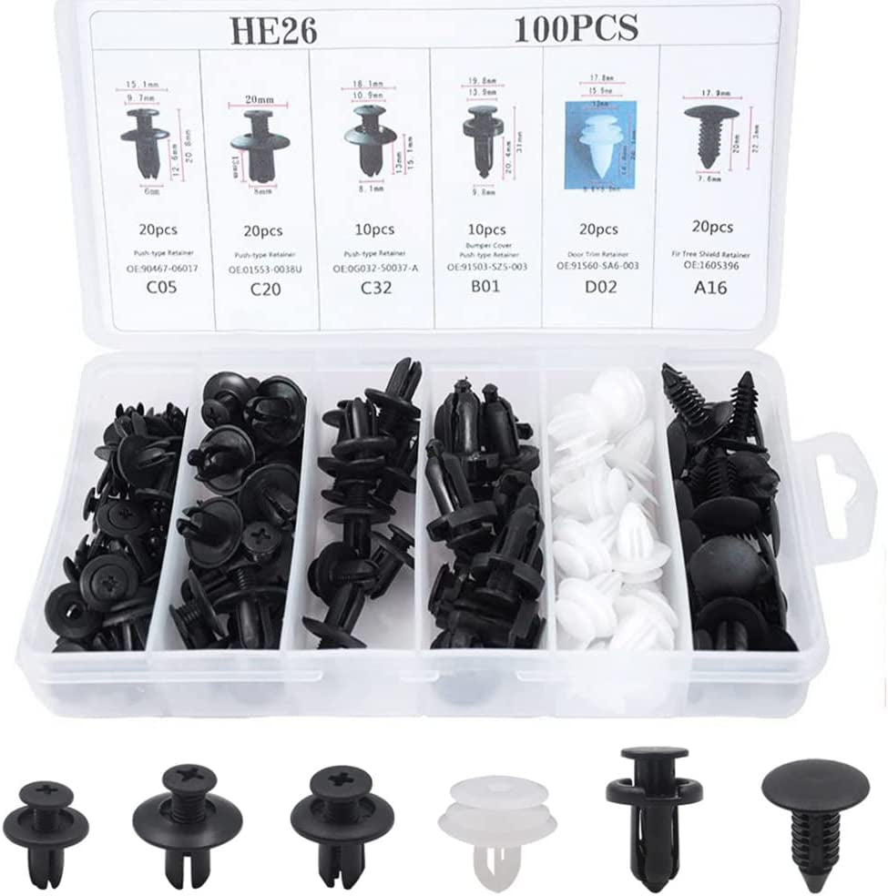 100Pcs Car Fixing Clips, 6 Types Car Plastic Mounting Set, Bumper Mounting Clips Kit, Door Trim Car Body Rivets Mounting Kit, Nylon Bumper Expansion Rivets