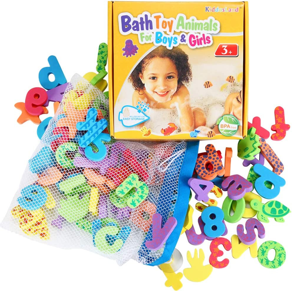Kids Bath Toys W/ Mesh Organizer Bag - Pack of 84 Pcs- Baby Educational Bathroom Alphabet Toys Doopo - Non-Toxic EVA Letters Sea Animals Numbers