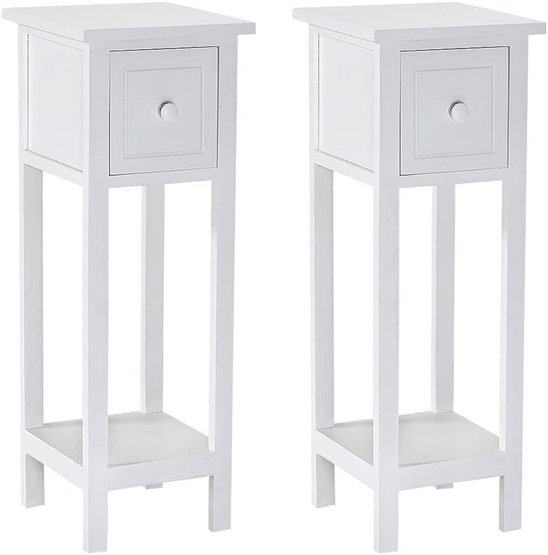 Pair of Bedside Table Storage Cabinet with 1 Drawer White Wooden Furniture Shelf Side Table Slim Tall Telephone Table Chest of Drawers Fully Assembled for Bedroom Living Room Hallway