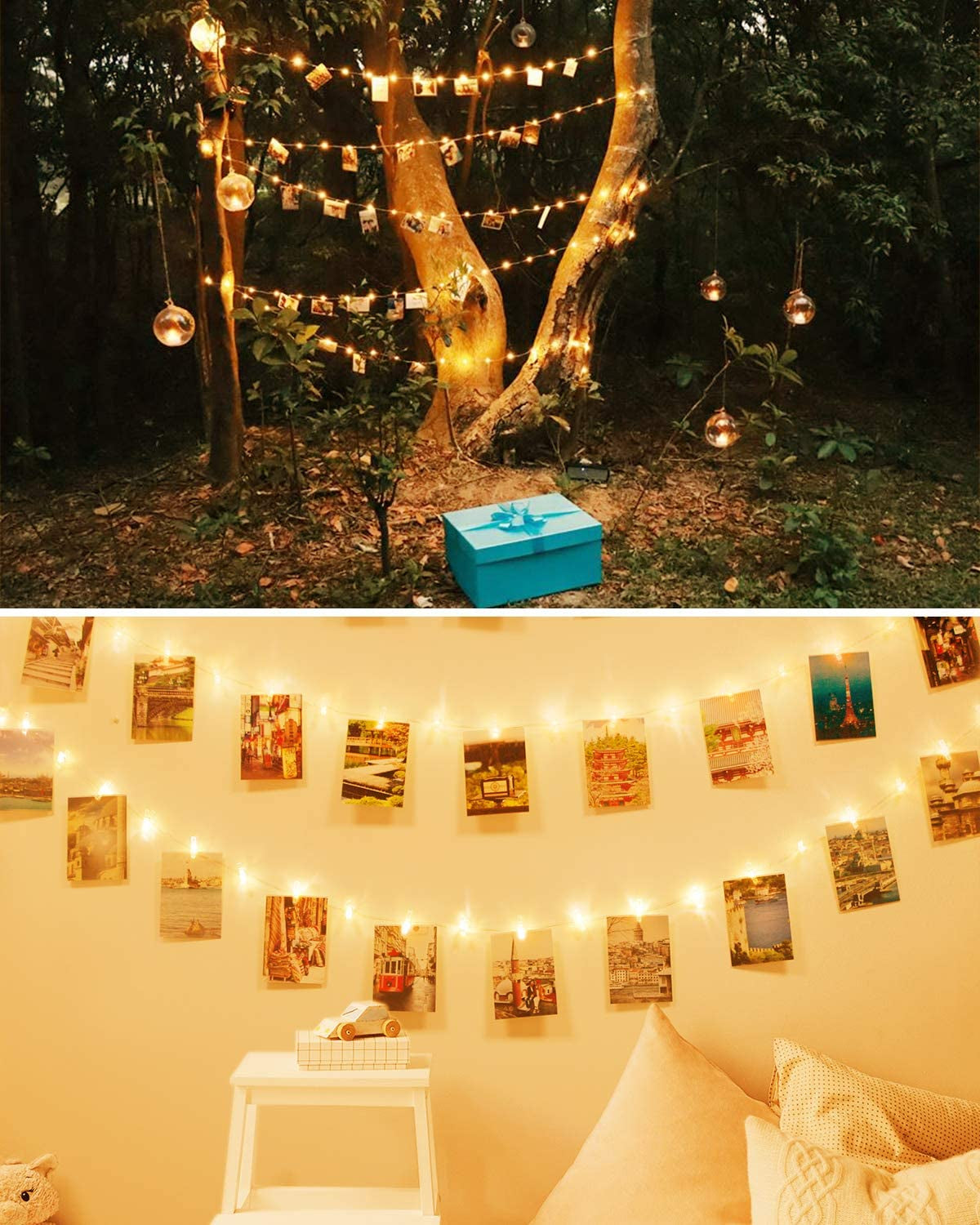 100LED Photo Clip String Lights,  10M Photo Peg Fairy Lights with 60 Clips Indoor Battery Powered Silver Wire Hanging String Photo Frames Decoration for Bedroom Wedding Party Christmas Photo