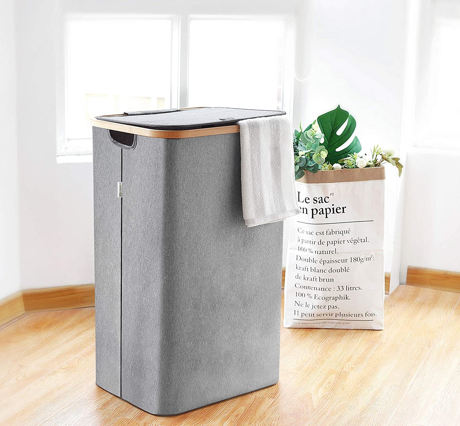 - Laundry Baskets with Lid Grey - XL 100 L - Washing Baskets for Laundry with Laundry Bags - Hamper Basket for Bedrooms - Bamboo Laundry Hamper - Dirty Clothes Laundry Bin