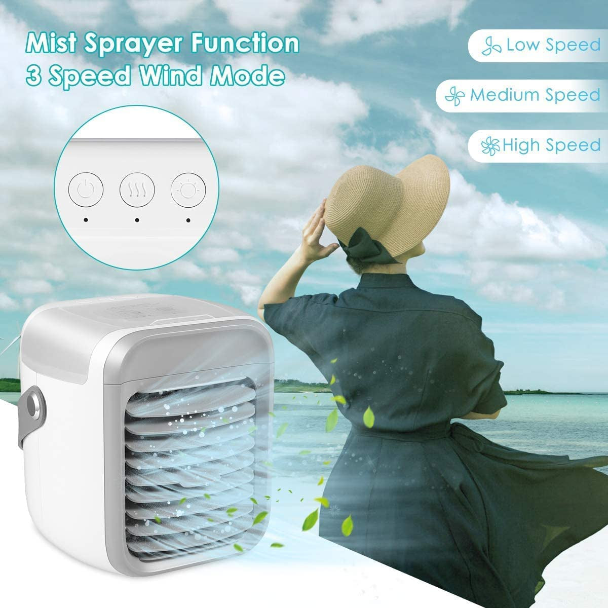 Personal Air Conditioner, Small Desk Fan, Portable Mini USB Cooler, 3 in 1 Evaporative Conditioner with 7 LED Light/Humidifier/Purifier/3 Speeds Desktop for Home, Office, Room, Grey-V