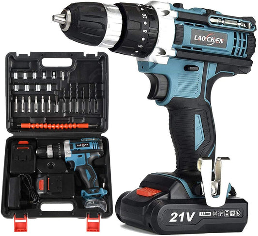 Sp-Cow 21V Cordless Drill Driver with Kitbox, Electric Drill Set with Powerful 2X1.5Ah Lithium Battery,32Nm Torque, 2-Speed,1H Fast Charging,Led Work Light,Power Tools for Home Improvement DIY Project