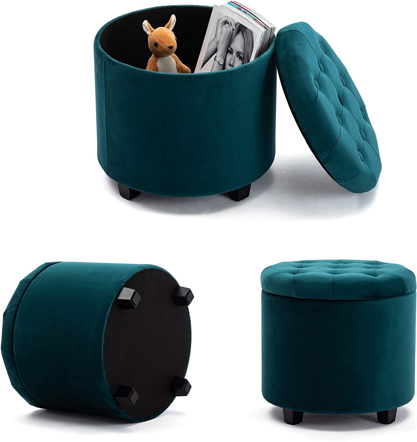 45Cm round New Velvet Padded Seat Ottoman Storage Stool Box, Footstool Pouffes Chair with Lids (Teal, Velvet)