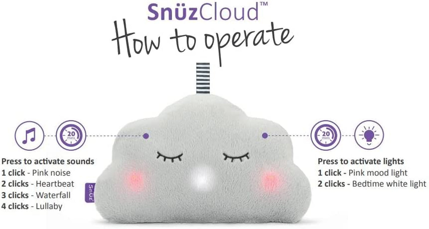 cloud Baby Sleep Aid with 4 Soothing Sounds and 2 Gentle Light Options – Soft Plush Feel – Portable & Stylish