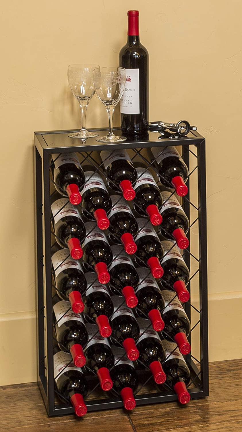 23 Bottle Wine Rack with Glass Table Top, Black