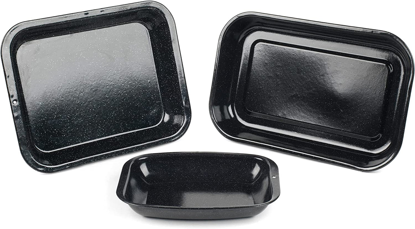 CW20701 Romano 3-Piece Vitreous Enamel Roasting Set, Including Rectangular Roaster, Lipped Roaster, Carbon Steel, Black