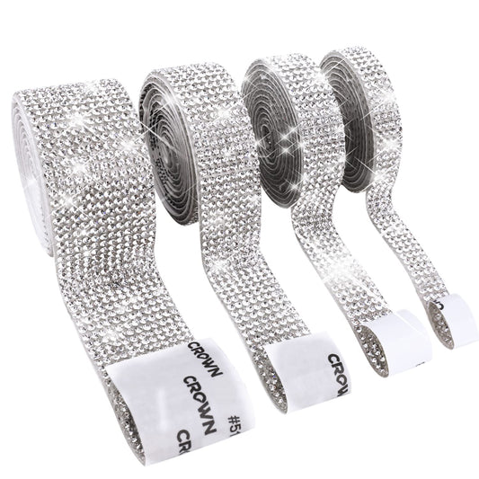 4 Rolls Silver Rhinestones Diamond Ribbon, 3.6Yard Strip Self-Adhesive Crystal Bling Home Accessories Photo Strip Stickers on Gems Glitter Wallpaper for Bedroom Clothes Party Phone DIY Crafts Decorate