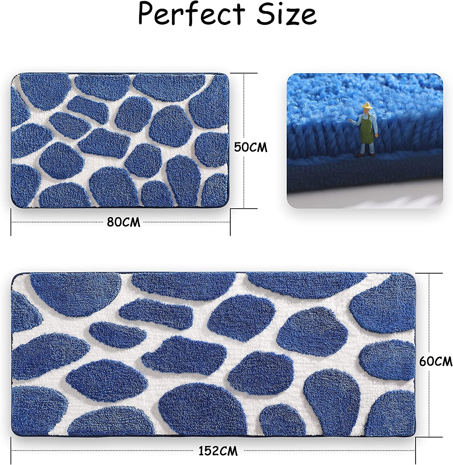 Microfibre Bath Mat 50×80 CM, Ultra Soft Bathroom Mat, Cobblestone Bath Mats for Bathroom, Living Room and Bedroom, Royal Blue & White