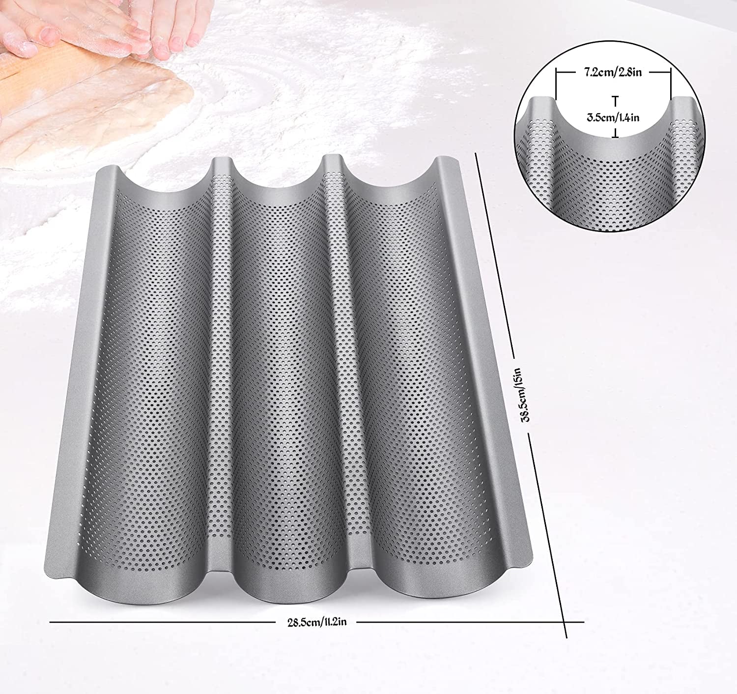 Perforated Baguette Baking Tray Non Stick French Stick Loaf Baking Molds Pan for 3 Baguettes (Silver)