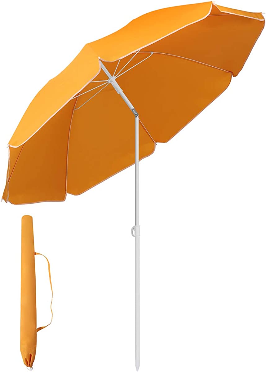1.6M Beach Umbrella with Umbrella Cover, Stable Parasol with Eight Ribs for Balcony, Garden & Patio. Tilt Angle and Height Adjustable