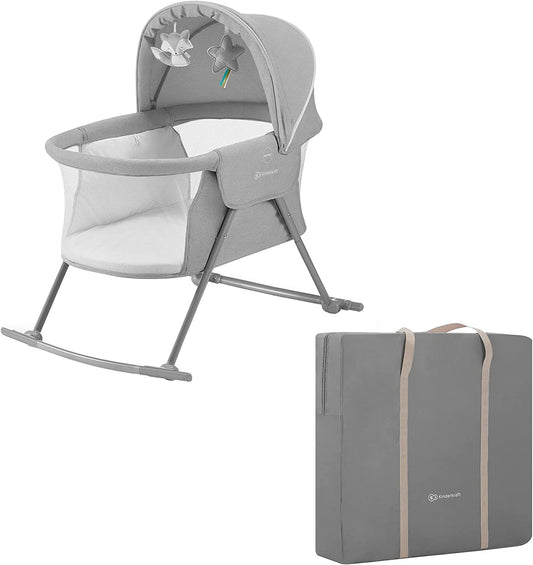 Baby Crib 3 in 1 LOVI, Cradle, Travel Cot, Rocker, Easy Folding and Unfolding, Adjustable Canopy, with Accessories, Mattress Cover, Included Toys, Transport Bag, for Newborn, 0-9 Kg, Gray