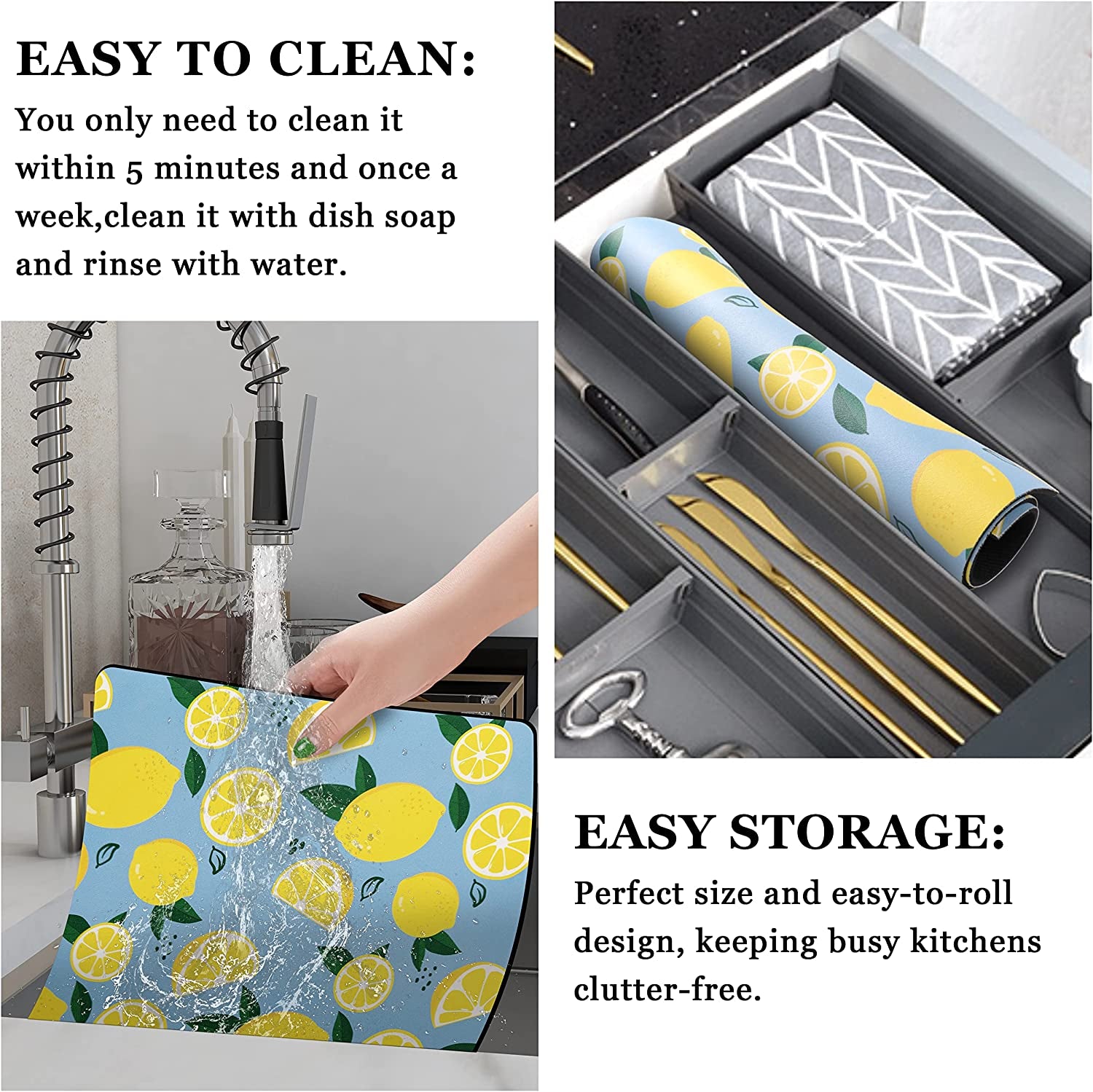 All-Purpose Dish Drying Mat Absorbent 46×42 Cm, PU Leather Kitchen Drying Mat, Draining Board Mats, Placemats Bar Mats Sink Mat for Kitchen Counter, Coffee Machines and Tables (Fresh Lemon)