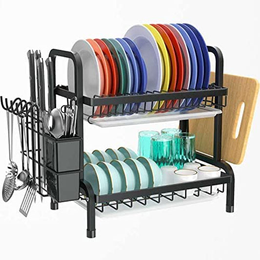 2 Tier Black Dish Drainer Rack, Stainless Steel Dish Drying Rack Kitchen, Dish Drainers Draining Board with Drip Tray, Rust Proof Large Dish Rack Washing up Sink Drainer Rack
