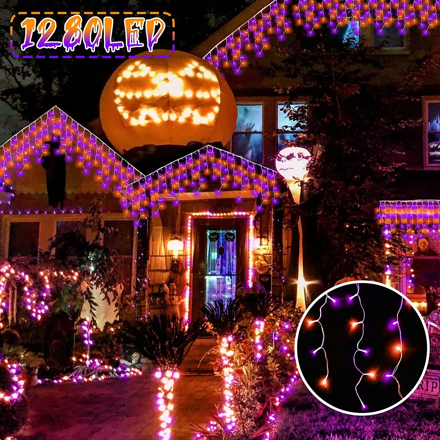 Heceltt Halloween Lights Outdoor Decorations, Icicle Lights 40M 1280 LED 8 Modes Mains Powered Orange and Purple Lights, Clear Wire Outdoor Icicle Light with Timer Memory for Roof Window Party Decor