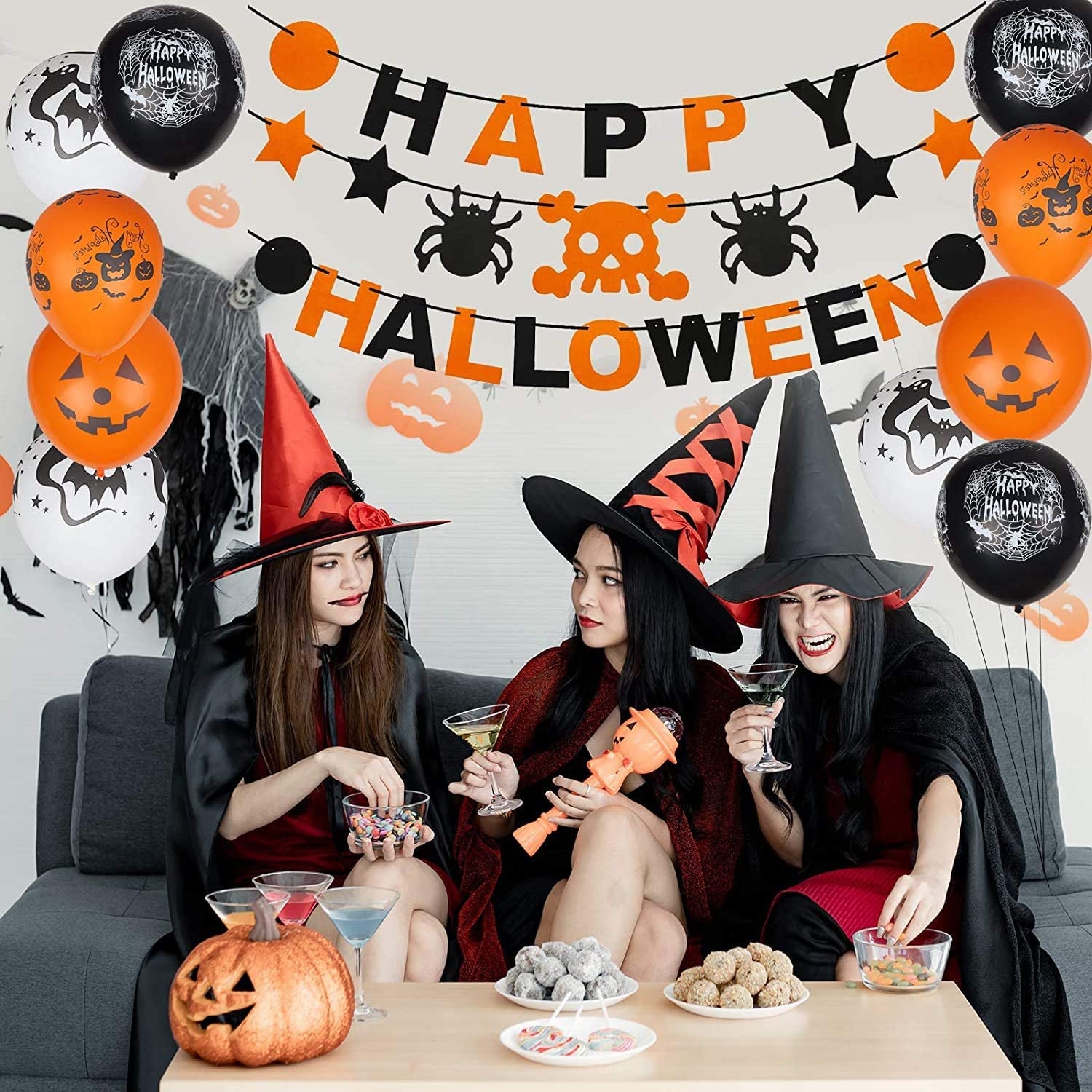 Halloween Party Decorations, 3Pcs Happy Halloween Banner Pumpkin Ghost Banner and Halloween Balloons for Halloween Indoor Outdoor Décor