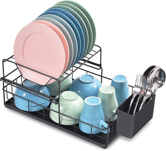 2 Tier Dish Drainer Rack, Steel Dish Rack with Removable Cutlery Holder & Drip Tray, Compact Draining Rack, Dish Draining Rack, Kitchen Supplies Storage Rack, Black