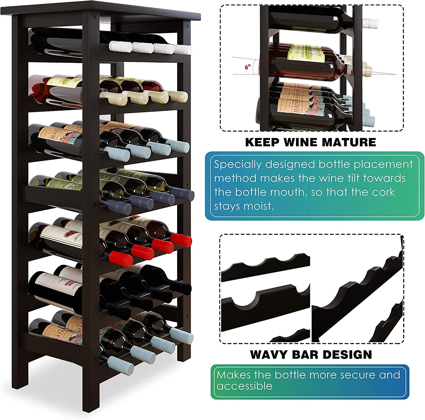 Bamboo Wine Rack, 28 Bottles Display Holder with Table Top, 7-Tier Free Standing Storage Shelves for Kitchen, Pantry, Cellar, Bar (Black)