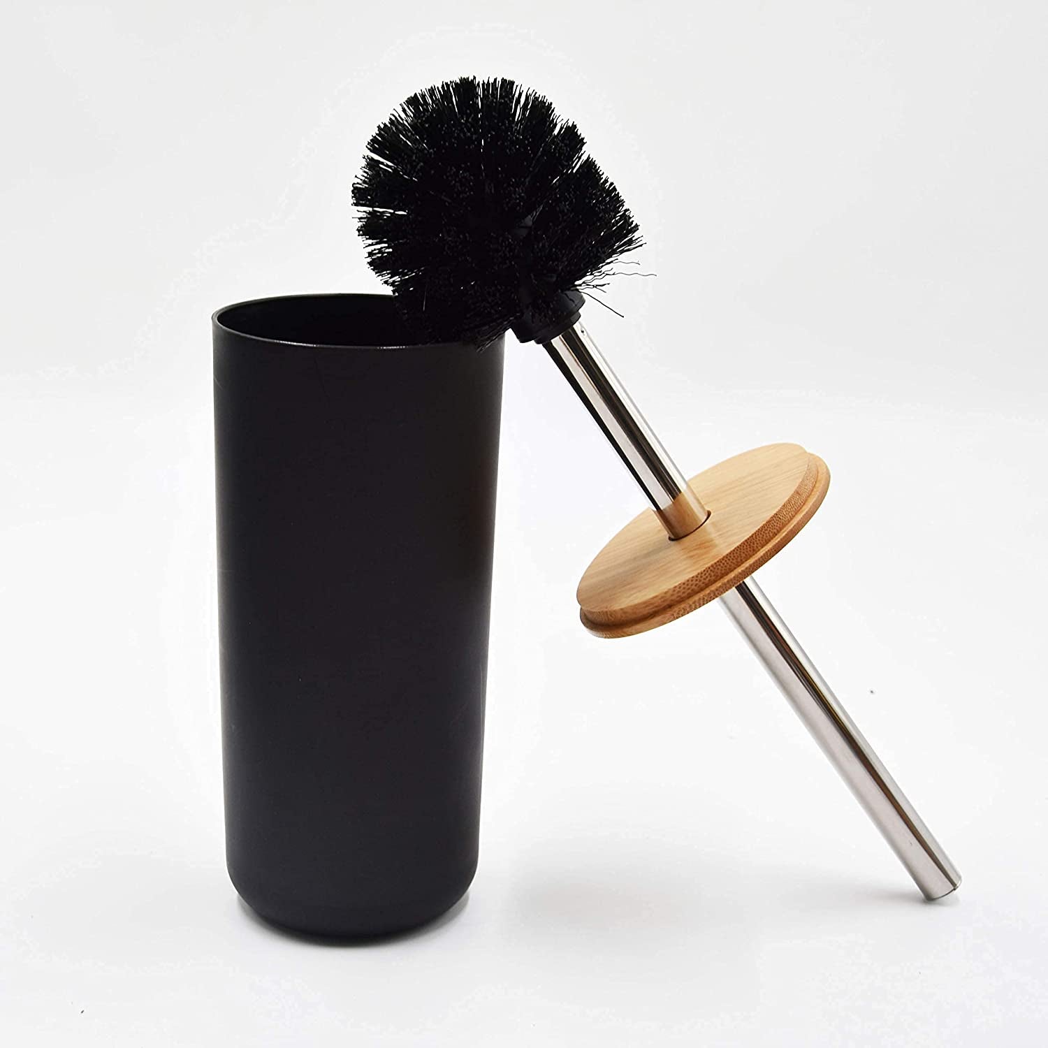 Belcka - 6 Pieces Bamboo Bathroom Accessories- Bathroom Bin and Toilet Brush Set- Durable Toothbrush Holder Cup- Soap Dispenser with Pump- Soap Dish Holder- Modern Trash Can- Black
