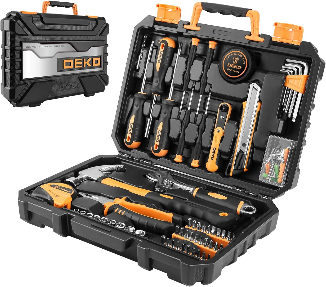 100 Piece Home Repair Tool Set,General Household Hand Tool Kit with Plastic Tool Box Storage