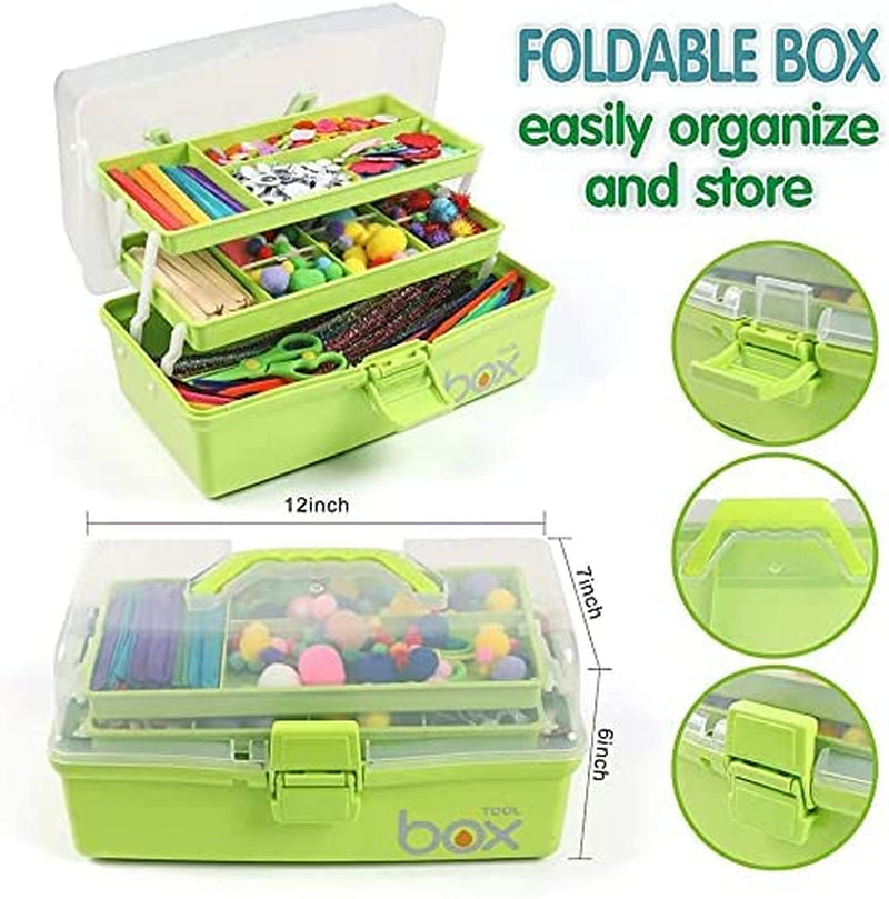 12In Three-Layer Multipurpose Storage Box Organizer Folding Tool Box / Art & Crafts Case / Sewing Supplies Organizer / Medicine Box / Family First Aid Box with 2 Trays (Green)