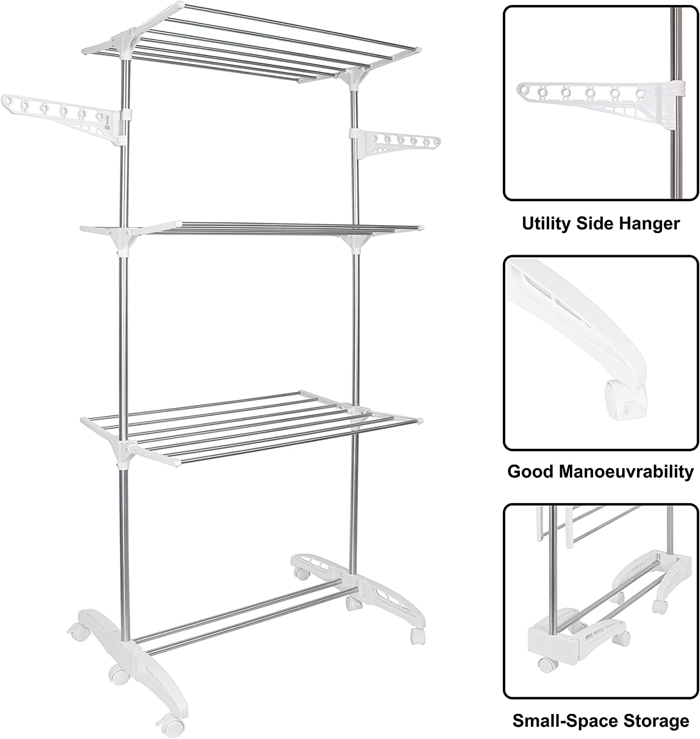 Clothes Airer Drying Rack Extra Large 3 Tier Clothes Drying Rail Stainless Steel Folds Flat for Easy Storage