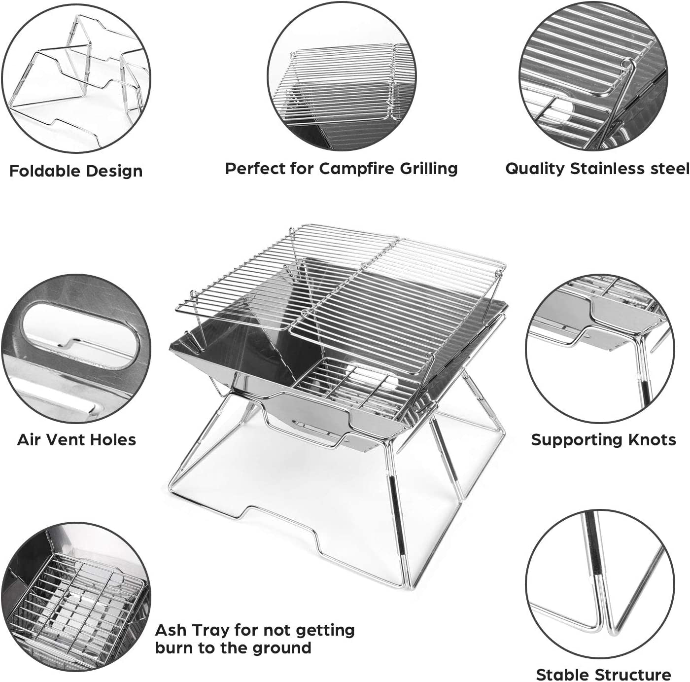 Collapsible Campfire Grill Camping Fire Pit, 304 Stainless Steel Grill Gate, Heavy Duty Portable Camping Grill with Carrying Bag, M