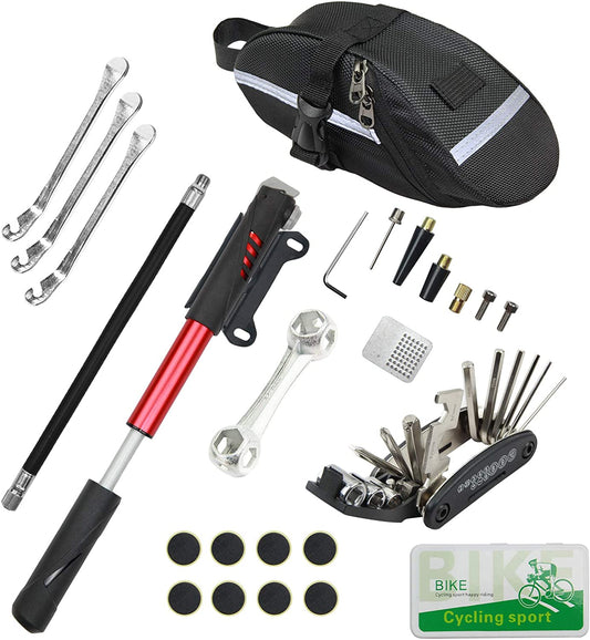 Bike Repair Kit, Bike Tire Repair Tool Kit Contains 16-In-1 Tool, 120Psi Mini Bicycle Pump, Bicycle Tire Patch Kit, Used for Mountain Bike and Road Bike.