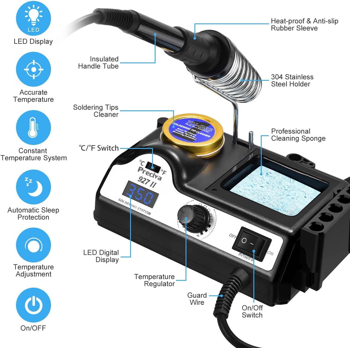 Soldering Iron Station, 60W Professional Digital Soldering Station, 90-480℃ Temperature Adjustable Repair Tool Kit with Soldering Tips, Solder Wire and Frame, Sponge, Suction Device, Etc.