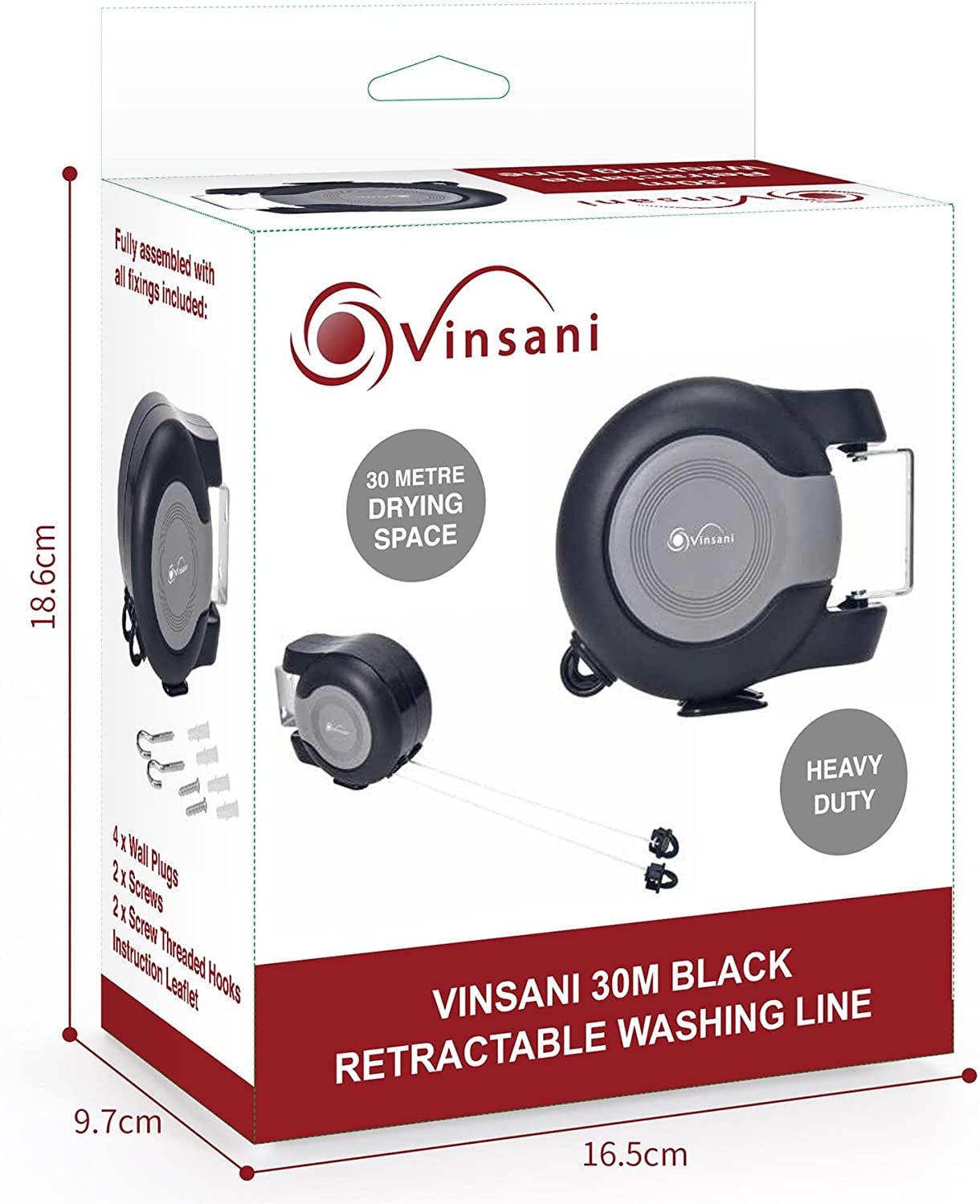 Vinsani 15M Retractable Reel Clothes Lines Washing Line Wall Mounted Heavy  Duty