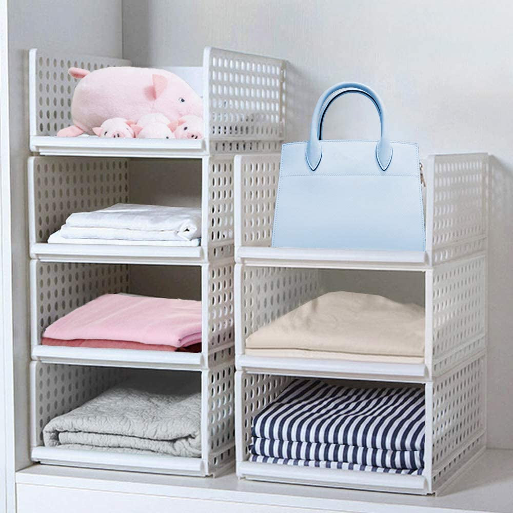 Wardrobe Storage Boxes,4-Pack Plastic Wardrobe Closet Drawer Organiser Stackable Detachable Shelf Baskets Container Crate Cube Organizer, Home Bedroom Pull Out Drawer Dividers for Clothes,Toy