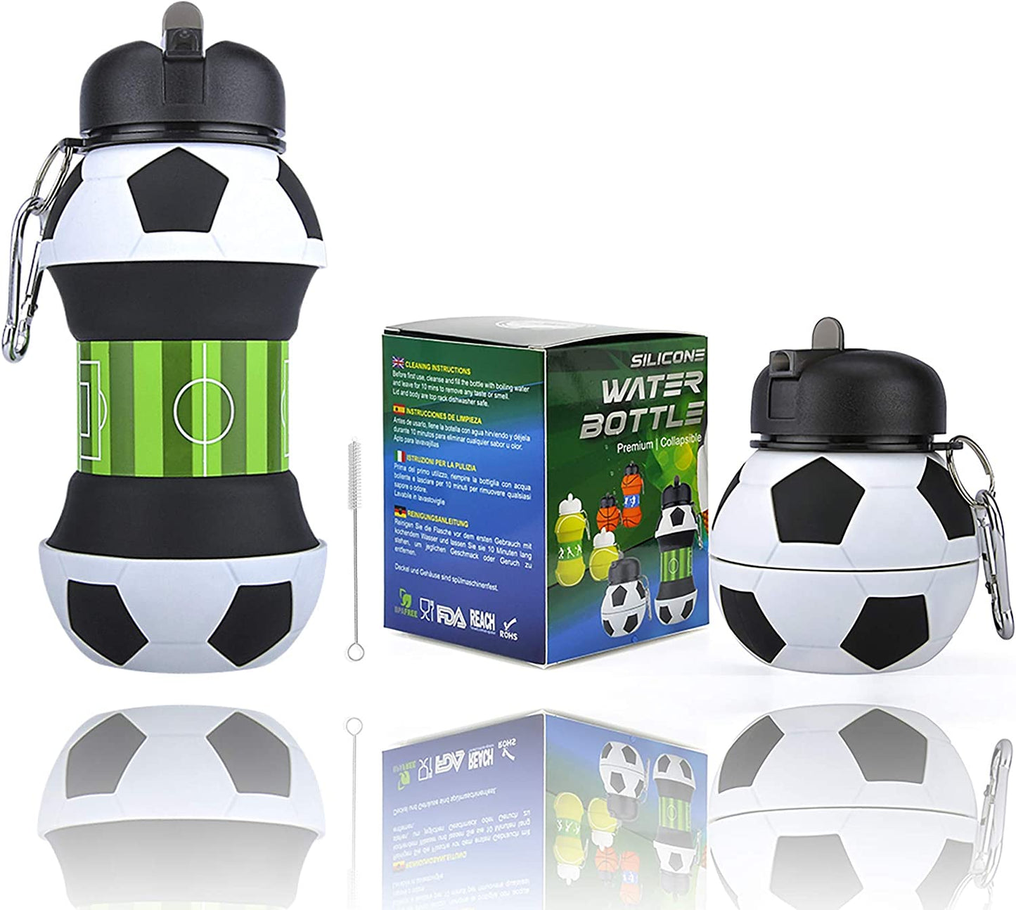 Football Water Bottle - Unique Football Gifts for Boys and Girls - Cool Kids Water Bottle, Collapsible, Leakproof - Boys Water Bottle - BPA Free - 550 Ml