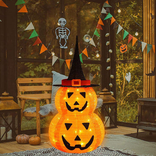 Halloween Pumpkin Decorations Lights Indoor/Outdoor, Fabric Collapsible Pumpkin with Witches Hat Lights, Battery Operated Jack O Lantern, Halloween Lights Decor (95Cm Tall)