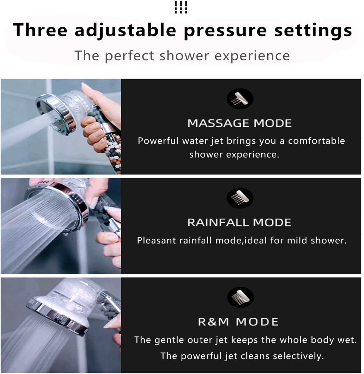 Shower Head, Ionic Shower Head with 2M Shower Hose, Filter Shower Head for Hard Water to Increase Pressure 3 Modes Spray Function Contains Extra Replaceable Filter Beads