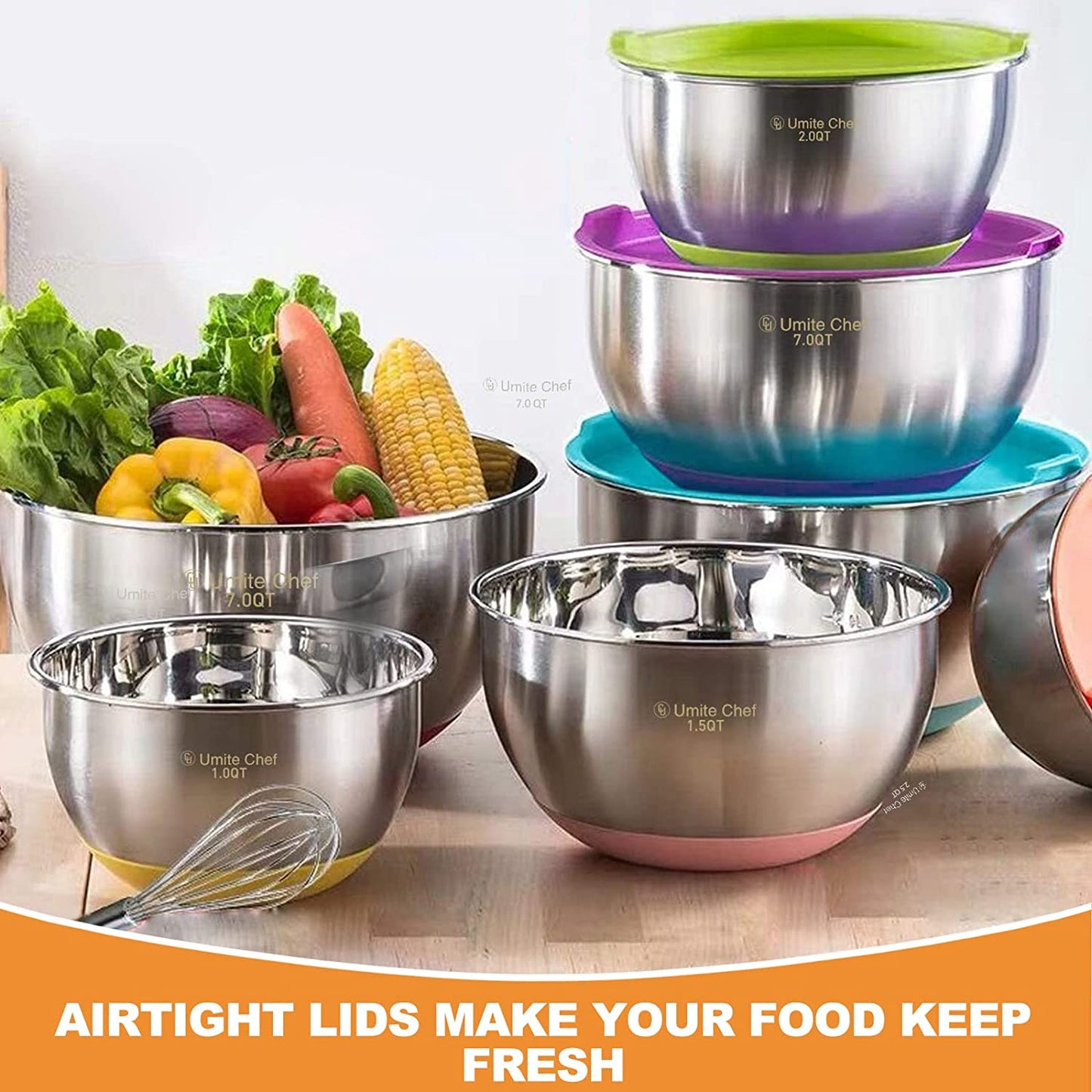 Mixing Bowls with Airtight Lids, 6-Piece Stainless Steel Metal Bowls by , Measurement Marks & Colorful Non-Slip Bottoms Size 7, 3.5, 2.5, 2.0,1.5, 1QT, Great for Mixing & Serving