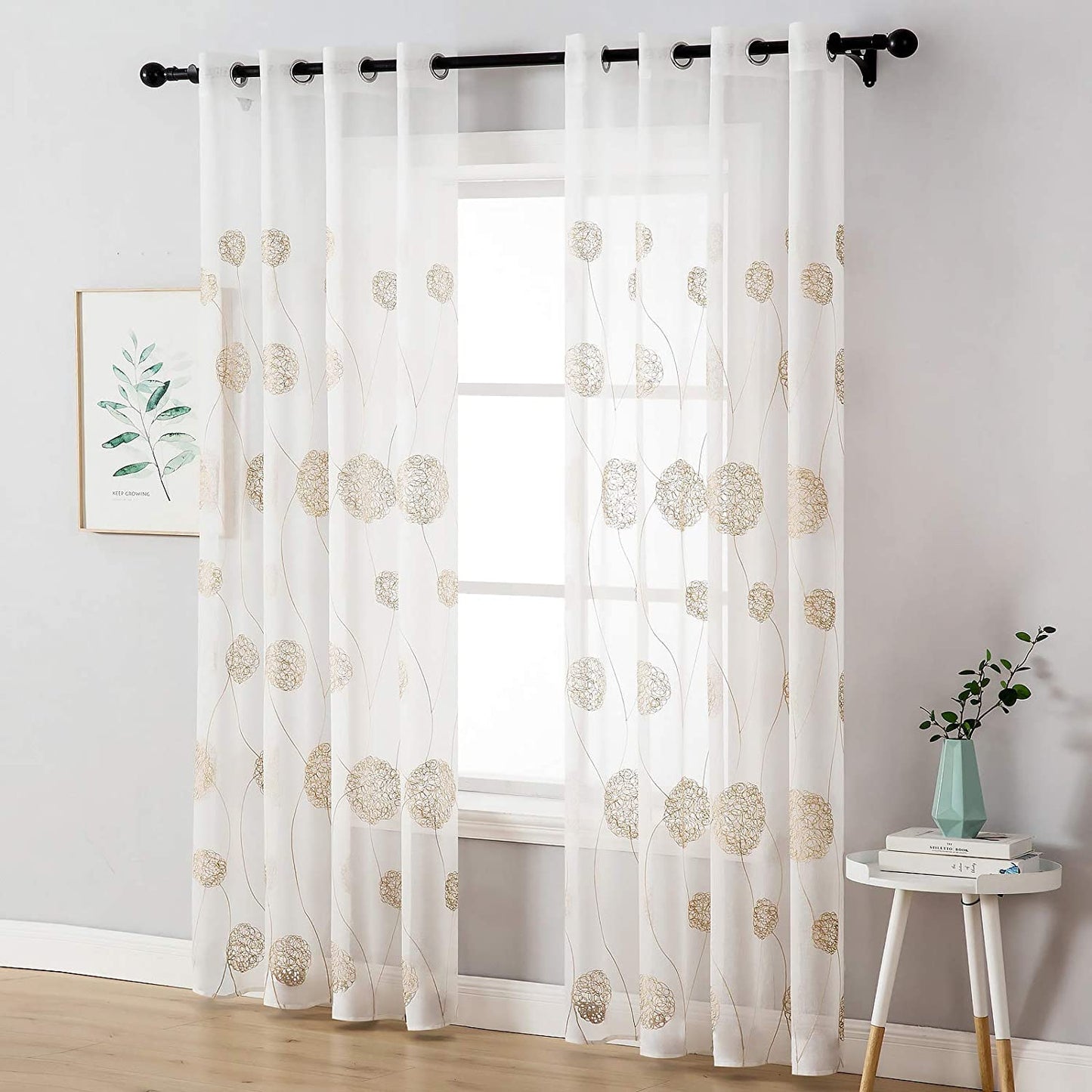 Embroidery Sheer Curtains Flora Design Grommet Window Curtain Semi Voile Drapes Panels with Eyelets Window Treatments for Living Room Bedroom 2 Panels 55" W X 69" L Gold