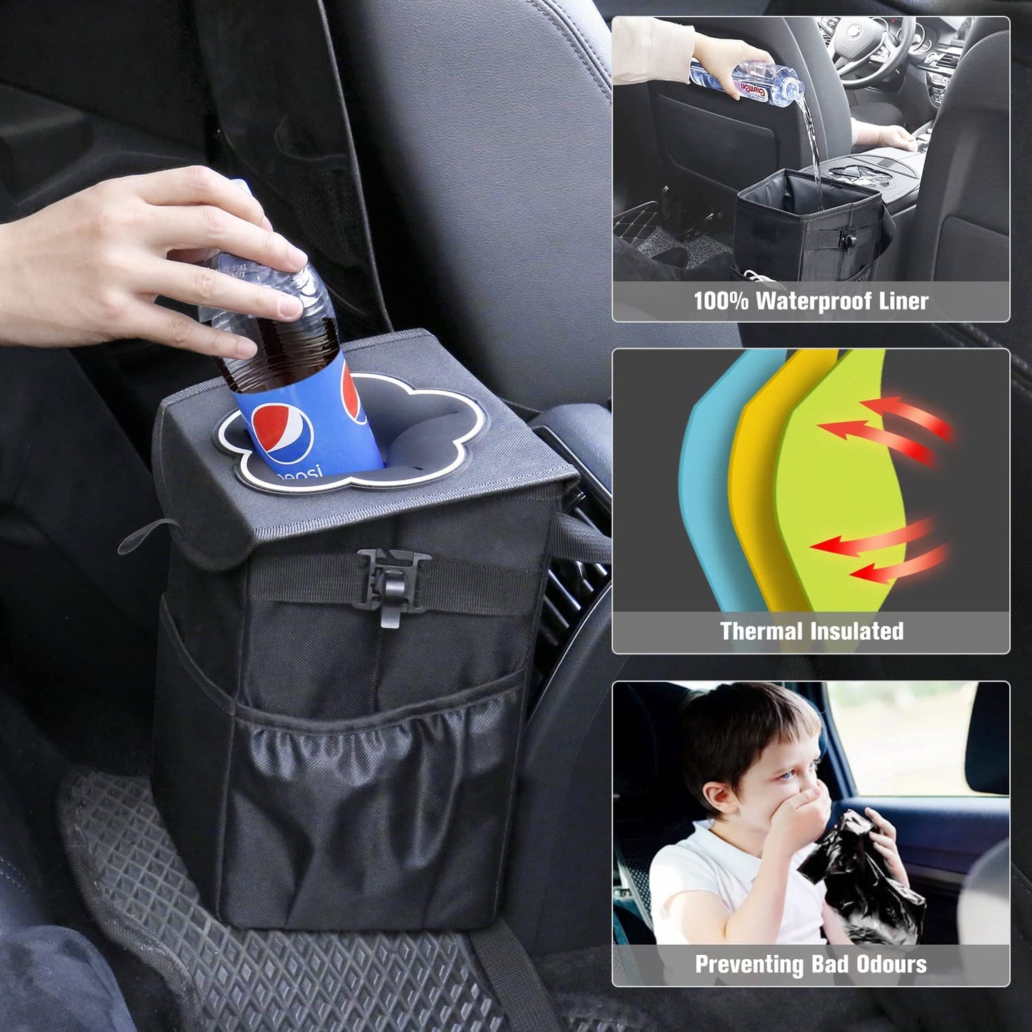 Car Bin, 10L Car Rubbish Bin with Lid, Foldable and Waterproof Liner, Portable Car Trash Can Oxford Cloth Side Pockets for Headrest or Seats, Car Boot Storage Bag for SUV Truck Minivan Auto