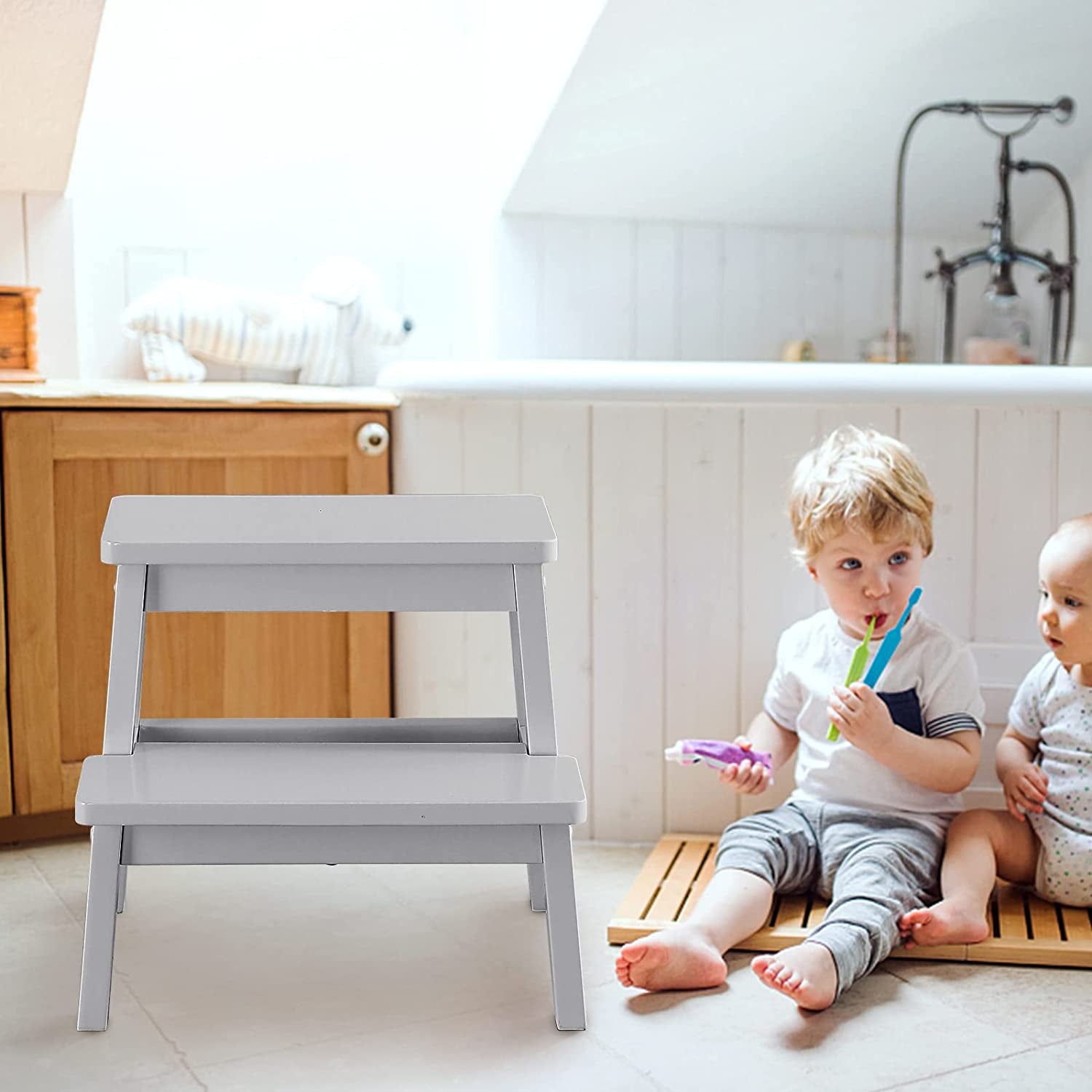 2 Steps Stool Wood Kids Stool, Multipurpose Children'S Stepladder Stool for Bedroom/Bathroom/Toilet/Kitchen Etc. with Safety Non-Slip Pads (Gray)
