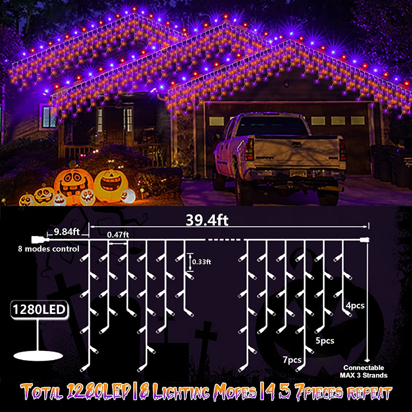 Heceltt Halloween Lights Outdoor Decorations, Icicle Lights 40M 1280 LED 8 Modes Mains Powered Orange and Purple Lights, Clear Wire Outdoor Icicle Light with Timer Memory for Roof Window Party Decor