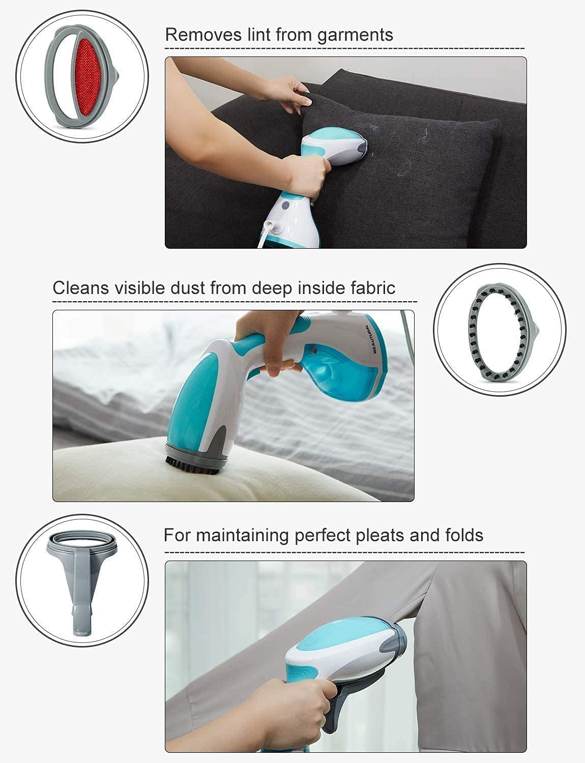 Steamer for Clothes, Portable Handheld Garment Fabric Wrinkles Remover, 30-Second Fast Heat-Up, Auto-Off, Large Detachable Water Tank