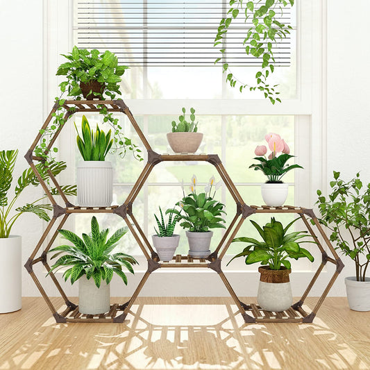 Tikea Hexagonal Plant Stand Indoor Outdoor, 7 Tiers Wooden Sturdy Creative DIY Plant Shelf Holder Rack for Window, Corner, Living Room, Balcony, Garden, Office